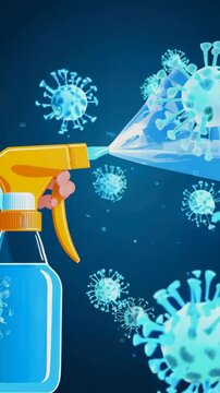 A spray bottle targeting virus particles in a stylized graphic representation.