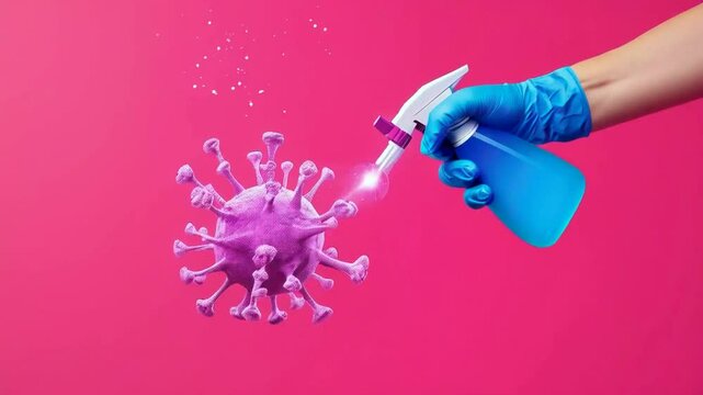 A hand with a spray bottle disinfects a stylized virus on a vibrant pink background.