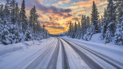Snowy Road at Sunset