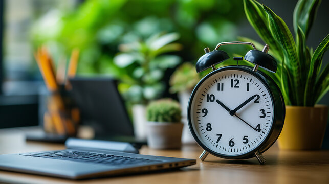 Home Office Clock, featuring a clock on a desk with a laptop, symbolizing the time shift, with copy space, Daylight Savings Time Ends
