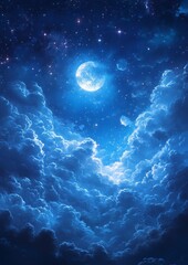Enchanting night sky with a luminous full moon surrounded by fluffy clouds.