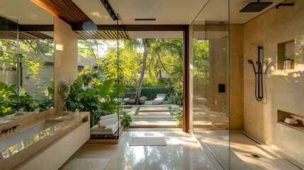Fototapeta premium Modern Bathroom with Glass Walls and a View of Lush Greenery