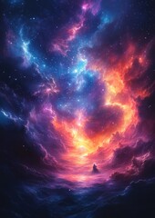 Fototapeta premium A lone figure gazes at a vibrant cosmic nebula in a surreal, star-filled sky.