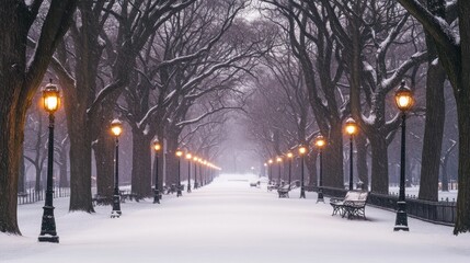 Snowy Pathway with Streetlights