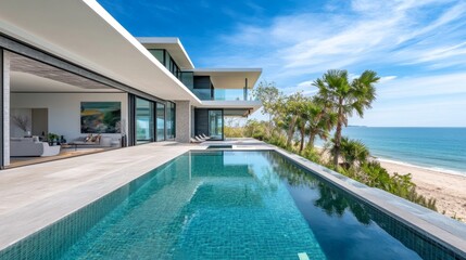 Fototapeta premium Modern Villa Pool Overlooking Tropical Beach