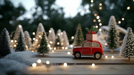 Festive Red Car Carrying Christmas Gifts Surrounded by Snowy Trees and Holiday Lights