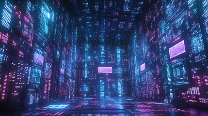 Futuristic Neon Cityscape With Digital Elements