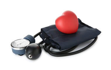Blood pressure measuring device and red decorative heart isolated on white