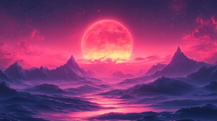 Surreal lunar landscape with vibrant pink and purple hues, featuring a glowing full moon and mystical mountains.