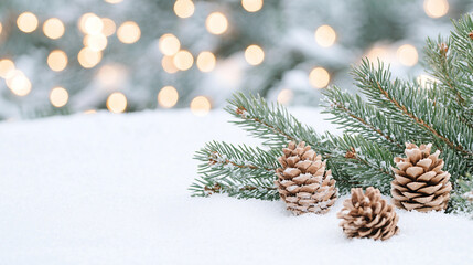 Obraz premium Winter Wonderland with Snowy Pinecones and Evergreen Branches Surrounded by Soft Snow