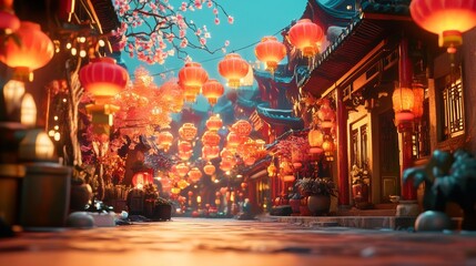"A vibrant real-life image depicting traditional Chinese Lunar New Year celebrations, featuring colorful lanterns, festive decorations, and cultural activities, capturing the joy and spirit 