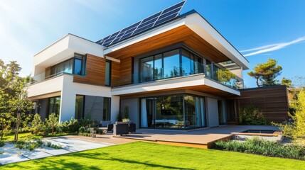 Modern House with Solar Panels and Lush Landscaping