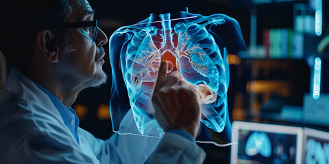 Doctor reviewing 3D heart scan, Medical professional studying digital heart model
