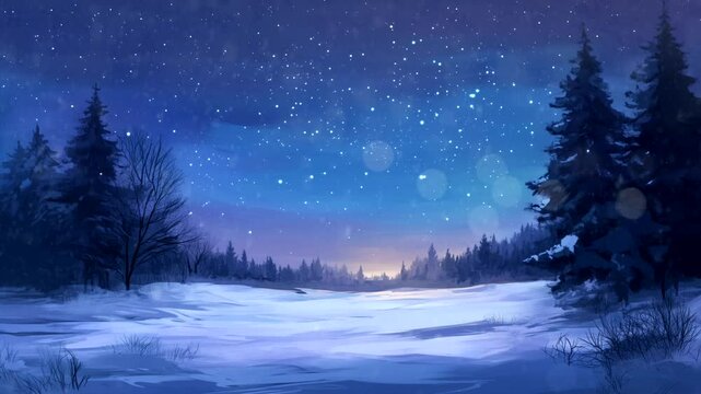 Starry night sky over a snowy landscape with frosted trees and a gentle glow at dawn. Tranquil winter scene concept. Seamless looping time-lapse animation video background