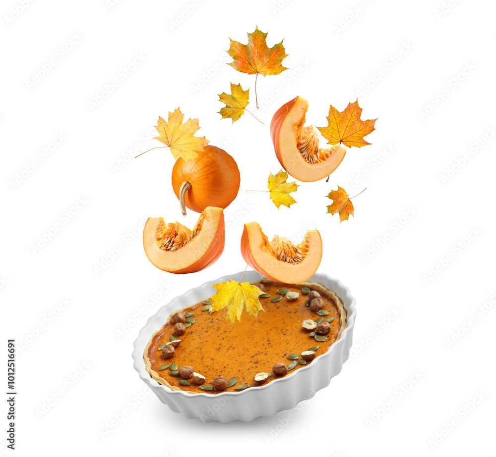 Wall mural Autumn cake, pumpkins and orange leaves in air on white background