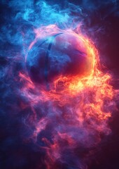 Glowing basketball engulfed in vibrant blue and red smoke, creating a dynamic and dramatic effect.