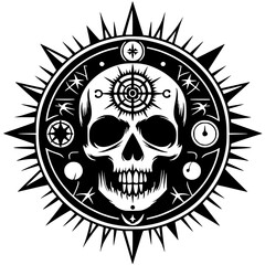 Skull silhouette in sun circle