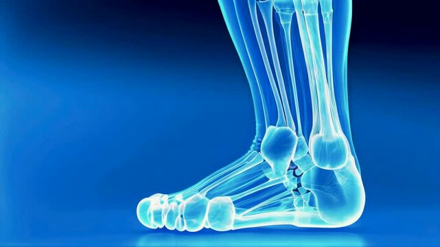 X-ray illustration of a human foot, highlighting bones and joints for educational purposes.