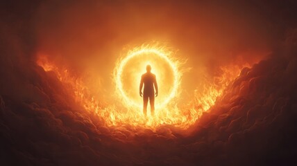 Fototapeta premium Person standing in fiery glow, surrounded by orange flames