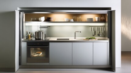 Fototapeta premium Modern Kitchenette with Hidden Cabinetry and Built-in Appliances