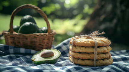 Obraz premium avocado as a butter alternative: a stack of rustic cookies tied with twine, placed on a checkered picnic blanket