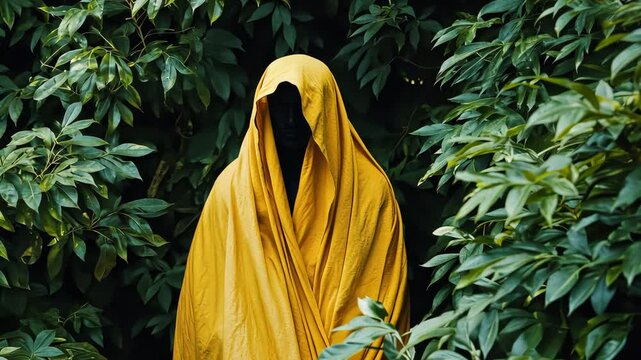 A mysterious figure shrouded in a yellow cloak surrounded by lush greenery, enigmatic and secretive atmosphere