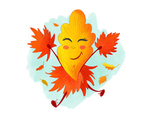 Cute funny leaves character. Watercolor style cartoon character illustration