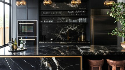 Modern Kitchen with Black Marble Countertops and Gold Accents