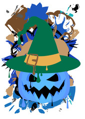 Witch's Hat and Jack O' Lantern  Graffiti tag. Abstract modern street art decoration performed in urban painting style.