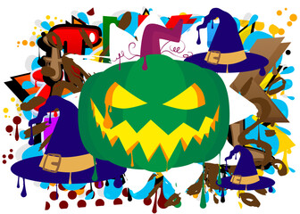 Naklejka premium Witch's Hat and Jack O' Lantern Graffiti tag. Abstract modern street art decoration performed in urban painting style.