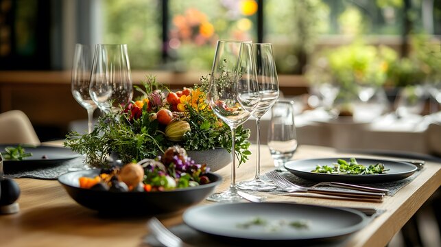 A fine dining table featuring a spring-inspired tasting menu with fresh vegetables and herbs artfully arranged