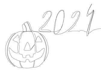 One continuous line of number 2024 and Halloween Jack O' Lantern pumpkin. Thin Line Illustration vector concept. Contour Drawing Creative ideas.