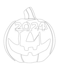 One continuous line of number 2024 and Halloween Jack O' Lantern pumpkin. Thin Line Illustration vector concept. Contour Drawing Creative ideas.