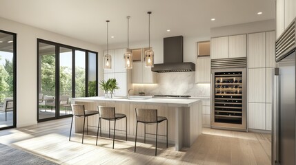 Fototapeta premium Modern kitchen with island, bar stools, and a wine fridge