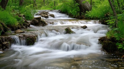 Serene Cascading Creek in Lush Forest