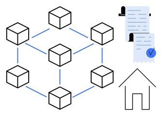 Geometric blockchain network connected by blue lines alongside documents and a simple house outline. Ideal for blockchain, technology, real estate, digital documentation, and future tech