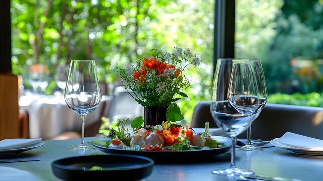 A spring tasting menu featuring fresh seasonal ingredients arranged artfully on a fine dining table in an elegant restaurant