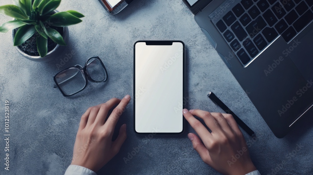 Poster top view of a workspace with a blank smartphone screen