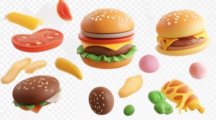 PNG burger collection of three-dimensional icons and objects, minimal cartoon style on transparent white background, isolate