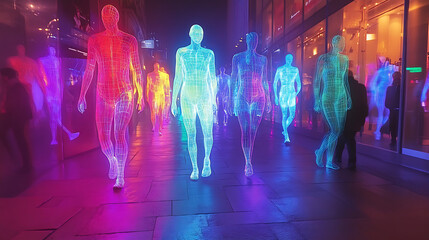 Enhanced Cyber Humans Walking in Neon Lights