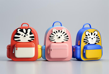 Três Mochilas Infantil de Bichinho coloridas.