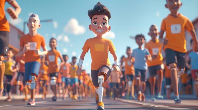 A 3D cartoon character using a prosthetic leg participating in a community run, surrounded by supportive onlookers 3D cartoon