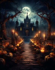 halloween night scene with castle