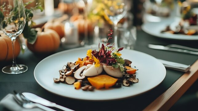 A refined autumn tasting menu featuring ingredients like squash and mushrooms beautifully arranged on a fine dining table