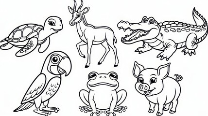 Fototapeta premium A set of six cartoon-style animal characters designed as simple outlines for a children's coloring book. The animals include a sea turtle, antelope, crocodile, large parrot, frog, and piglet. 