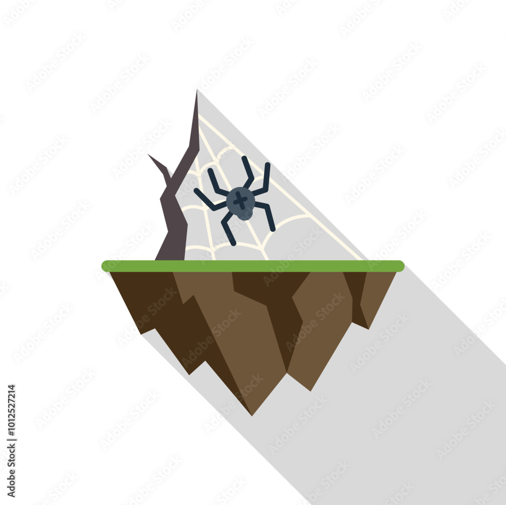 Poster scary black spider hanging on its web on flying land with tree branch icon in flat style on a white 