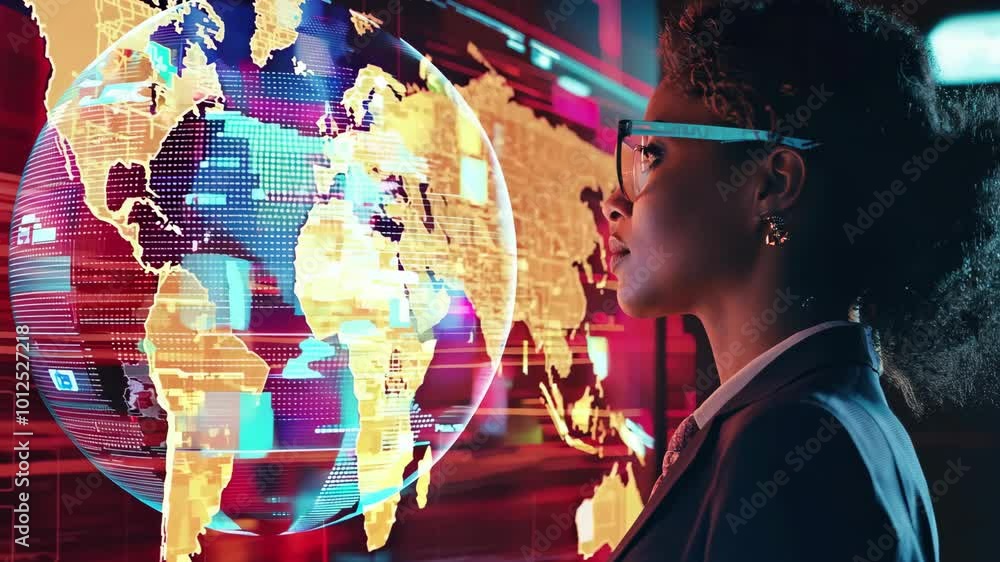 Poster a woman is looking at a computer screen with a map of the world on it