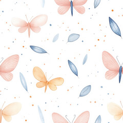 Seamless pattern with delicate butterflies and light leaves. Perfect for nature-inspired designs and stationery.
