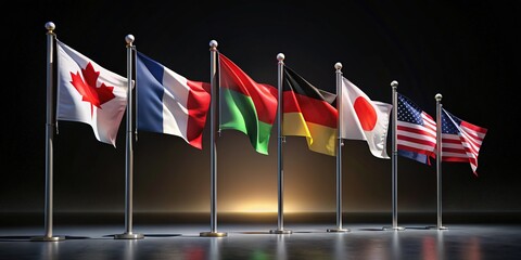 Obraz premium 3D Illustration of G7 Flags Waving in Low Light for Online Summit 2020