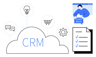 Cloud CRM with icons of communication, ideas, shopping cart, settings, checklist, and cash back. Ideal for business, customer management, e-commerce, marketing strategies, and customer satisfaction